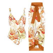 Fashion 19# Nylon Printed Lace-up One-piece Swimsuit With Knotted Beach Skirt Set