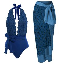Fashion Twenty Four# Nylon Printed Lace-up One-piece Swimsuit With Knotted Beach Skirt Set