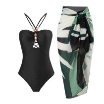 Fashion Black Suit Polyester Hollow One-piece Swimsuit With Knotted Beach Skirt Set