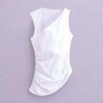 Fashion White Woven Bias-neck Pleated Vest