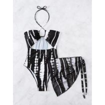 Fashion 3# Polyester Halterneck Lace-up One-piece Swimsuit Gauze Skirt Set