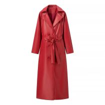 Fashion Red Pu Lapel Double-breasted Coat