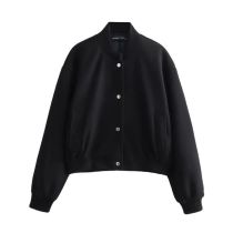 Fashion Black Polyester Stand Collar Buttoned Jacket