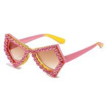 Fashion Pink Frame Tea Slices Pc Diamond-encrusted Irregular Sunglasses