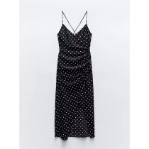 Fashion Black Polka Dot Print Suspender Long Skirt