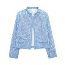 Fashion Blue Blend Stand Collar Jacket With Pockets