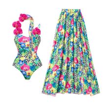 Fashion Suspender Suit (with Scarf) Polyester Printed Halter One-piece Swimsuit Beach Skirt Set