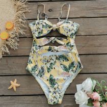 Fashion Yellow Polyester Printed Hollow One-piece Swimsuit