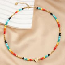 Fashion Golden Flowers Colorful Rice Beads Oil Drop Flower Necklace