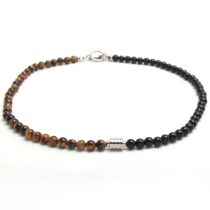 Fashion Yellow Tiger Eye + Obsidian Obsidian Beaded Stainless Steel Men's Necklace