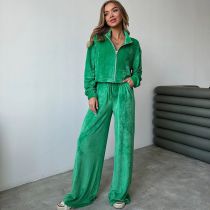 Fashion Green Polyester Long-sleeved Zippered Jacket And Lace-up Wide-leg Trousers Two-piece Set