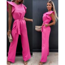 Fashion Pink Polyester High Waist Strappy Jumpsuit