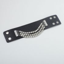 Fashion Silver Leather Studded Rhinestone Chain Bracelet