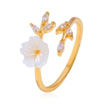 Fashion Gold Copper Inlaid Zirconium Shell Flower Open Ring