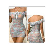 Fashion Light Blue Mesh Printed See-through One-shoulder Pleated Nightgown Dress Suit
