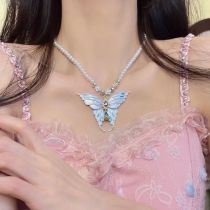 Fashion Silver Pearl Beads And Diamond Butterfly Necklace