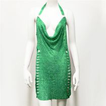 Fashion Green Metallic Sequin Halter Neck Hollow Skirt