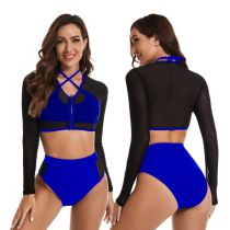 Fashion Blue Polyester Colorblock Long-sleeve Tankini Swimsuit