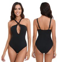 Fashion Black Polyester Halterneck Hollow One-piece Swimsuit