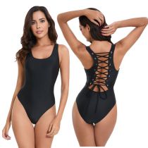 Fashion Black Polyester Hollow Tie One-piece Swimsuit