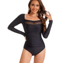 Fashion Black Polyester Square Neck Pleated One-piece Swimsuit