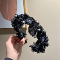 Fashion Black Mesh Curled Rhinestone Pearl Headband Mesh Diamond-embellished Pearl Pleated Wide-brimmed Headband
