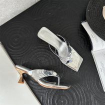 Fashion Silver Square Toe Stiletto Thong Sandals