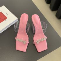 Fashion Pink Rhinestone Letter Square Toe High Heel Sandals