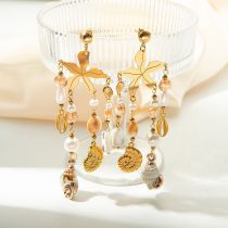 Fashion Gold Stainless Steel Shell Starfish Tassel Earrings