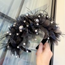 Fashion Black Large Flower Stud Pearls Beaded Feather Wide-brimmed Headband