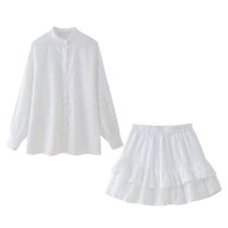 Fashion White Hollow Lace Button-down Shirt Layered Skirt Suit