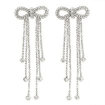 Fashion Silver Alloy Diamond Bow Tassel Earrings