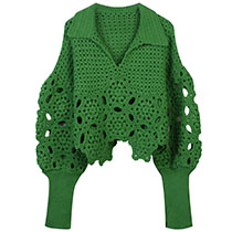 Fashion Green Blended Hook Pattern Hollow Balloon Sleeve Sweater