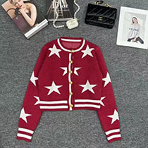 Fashion Red Knitted Contrast Star Single-breasted Cardigan