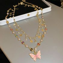 Fashion Necklace-gold-double Layer Metal Dripping Butterfly Double Layer Necklace