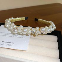 Fashion 5# Hairband-gold-white Geometric Diamond-encrusted Large And Small Pearl Thin Edge Headband