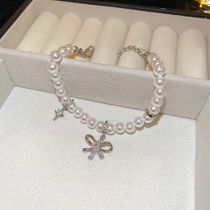 Fashion Bracelet-white Pearl Beaded Diamond Bow Bracelet