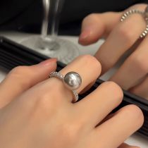 Fashion Ring-silver-grey Metal Set Zirconium Pearl Open Ring