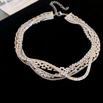 Fashion Necklace - Silver Metal Diamond Snake Bone Multi-layered Necklace