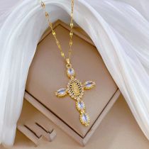 Fashion Gold Titanium Steel Diamond Cross Portrait Necklace
