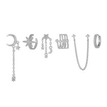 Fashion Silver Copper Inlaid Zircon Pentagram Moon Chain Pendant Earrings Set Of 6