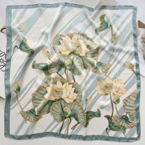 Fashion 2#lake Blue Lotus Polyester Printed Silk Scarf