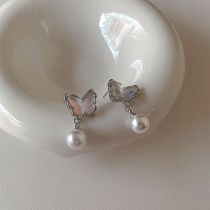 Fashion Silver Butterfly Earrings Real Gold Plated Copper Butterfly Pearl Earrings