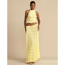 Fashion Yellow Set Polyester Pleated Halterneck Tank Top Skirt Suit