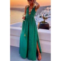 Fashion Green Slit Sleeveless Long Skirt