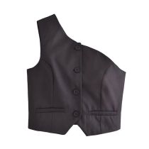 Fashion Black Woven One-shoulder Buttoned Vest