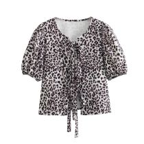 Fashion Print Color Polyester Leopard Print Lace-up Puff Sleeve Top