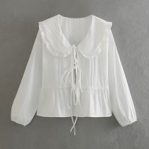 Fashion White Polyester Lace-up Lace Shirt