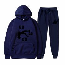 Fashion Navy Blue 1 Polyester Printed Hooded Sweatshirt And Leggings Trousers Set