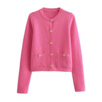 Fashion Rose Red Polyester Buttoned Knitted Jacket